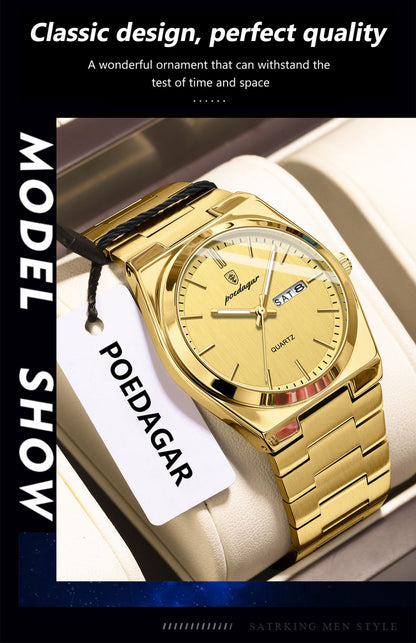 POEDAGAR Fashion Classic Man Watch Waterproof Luminous Date Week Luxury Men Watch Stainless Steel Quartz Business Men's Watches