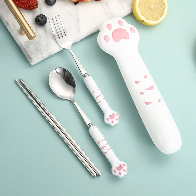 Conjunto de Talheres de Pata de Gato Fofo Garfo e Colher de Aço Inoxidável com Caixa de Armazenamento Louça Talheres Talheres Portáteis para Almoço