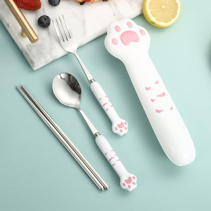Conjunto de Talheres de Pata de Gato Fofo Garfo e Colher de Aço Inoxidável com Caixa de Armazenamento Louça Talheres Talheres Portáteis para Almoço