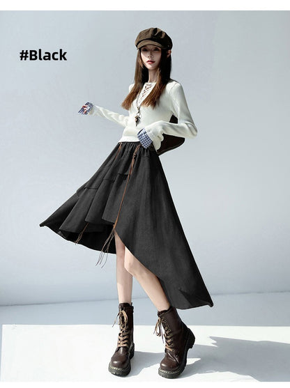 Caramel Suede Half-length Skirt Women's Autumn Winter New Irregular Belt Slim A- Line Midi Umbrella Skirt Comfortable Casual S .