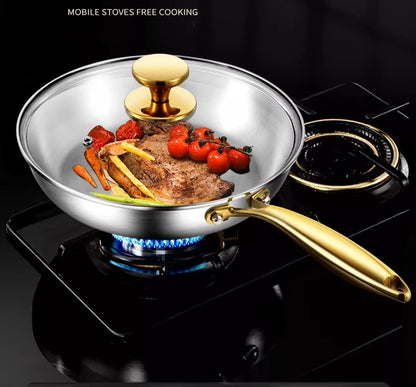 KEMORELA 316 Stainless Steel Frying Pan With Golden Handle Wok Pan Nonstick Cooking Fried Steak Gas Stove Pot Universal Pan