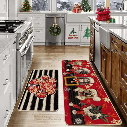 VIKAMA 2-Piece Christmas Festival Rug Set Kitchen Mat Combo, Entrance Hall Doormat Stain-Resistant and Easy-Care Home Decor