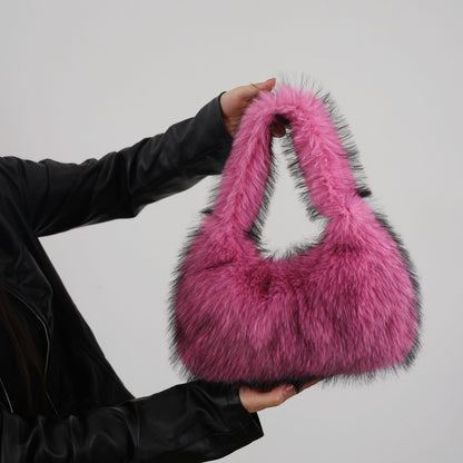 Solid Color Plush Dumpling Bag Simple Style Niche Design Faux Fur Handbag Tote Small Women's Underarm Hobo Bag