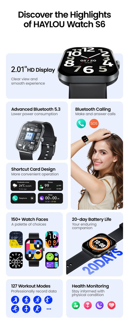 Smartwatch HAYLOU Watch S6 Tela HD de 2,01" Smartwatch Chamadas de Voz Bluetooth Monitoramento Fitness à Prova D'Água IP68