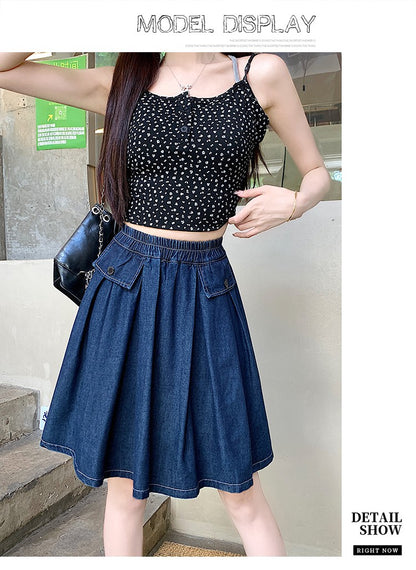 Casual Summer Plus Size Midi Denim Skirts Woman Preppy Loose A-line Ruffles Skirt With Shorts Elastic Waist Jeans Skirts Women