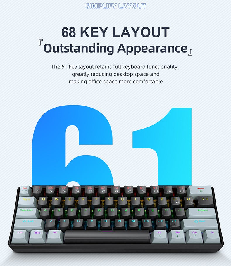 Mini Teclado Mecânico APAYADO K61, Com Fio, 61 Teclas, RGB Fantasma, Switch Mecânico Preto/Branco Vermelho/Azul para Jogos, 60% Portátil