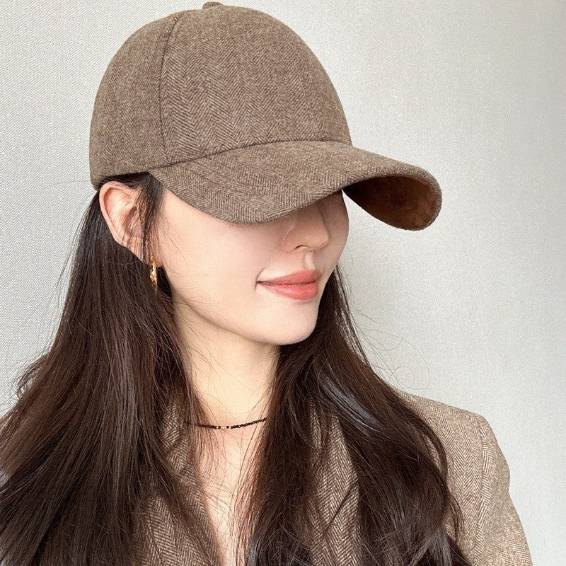 Stylish Wool Herringbone Baseball Cap for Men & Women, Thick Hard Top, Small Face