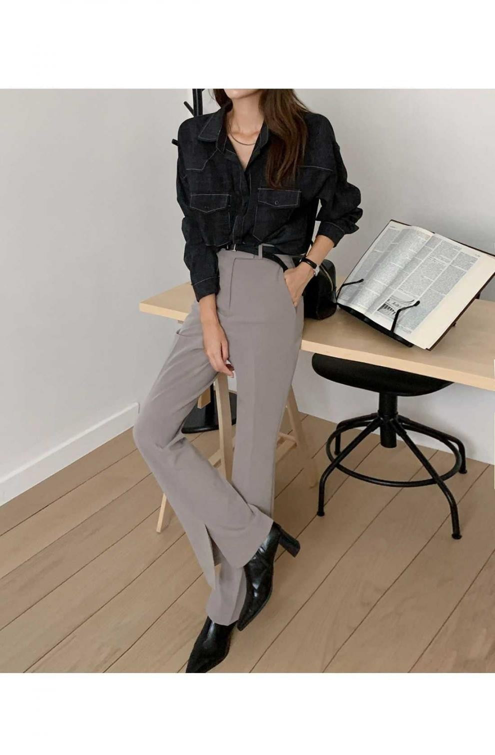 Loose Long Sleeve Casual Denim Shirt Korean Style Loose Fit Shoulder Casual Shirt Pure Color Shirt City Style Commute Shirt