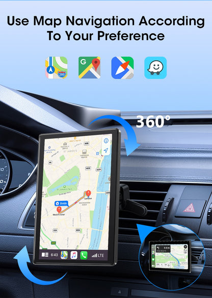 Suporte de 7/8/9'' Orientação e Espelho Retrovisor de Carro com Rádio CarPlay Sem Fio Android Auto Multimídia de Vídeo Tela Universal