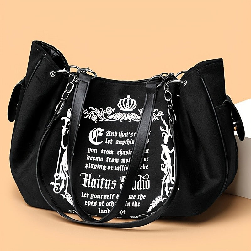 Letter Print Faux Suede Women Handbag Shoulder Bag, Retro Large Capacity Tote Bag for Daily Commuting and Hand-Carry.Pumpkin Bag