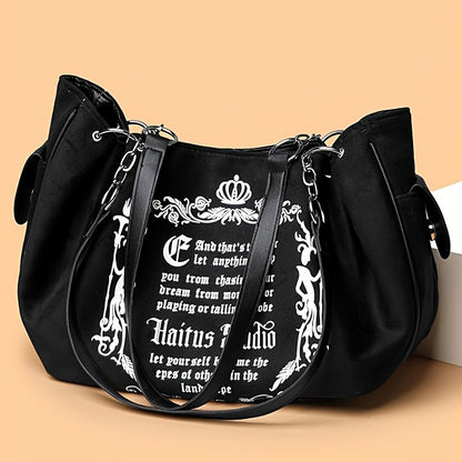 Letter Print Faux Suede Women Handbag Shoulder Bag, Retro Large Capacity Tote Bag for Daily Commuting and Hand-Carry.Pumpkin Bag