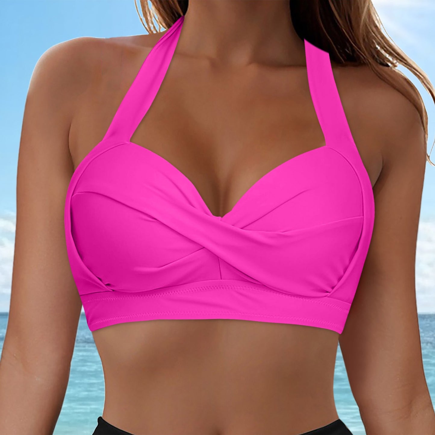Halter Neck Push Up Bikinis Tops Women 2025 New Chest Padded Solid Swimwears Bikinis Top For Women Summer Beach Bathing Suit