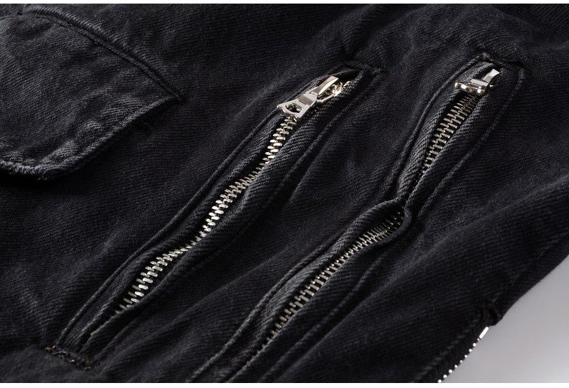 Sokotoo Men's zippers black biker jean jacket Streetwear thick denim slim coat with belt High quality
