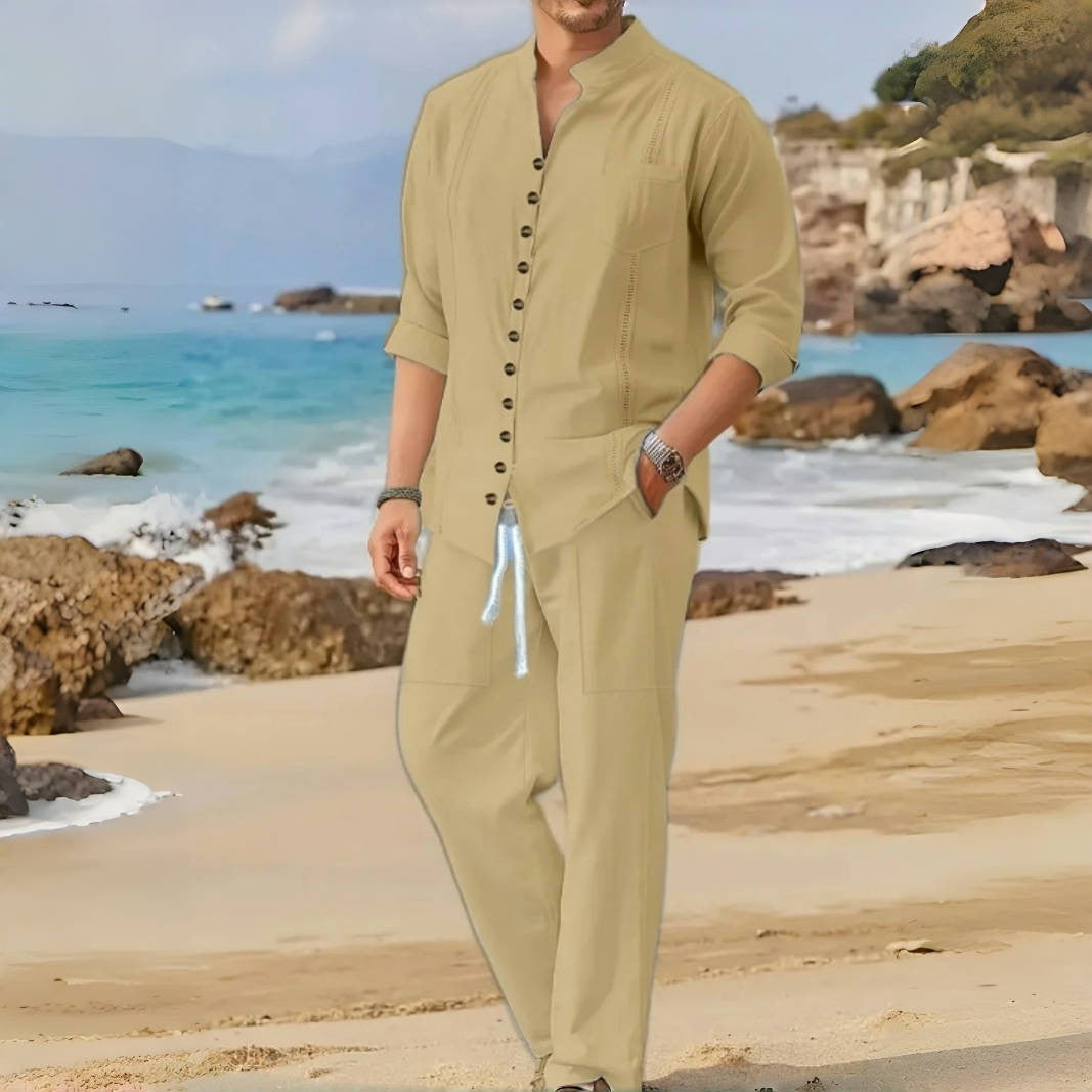 Men's Retro Cotton And Linen Set, Spring And Autumn Fashion Stand-up Collar Pocket Long Pants Long-sleeved Two-piece set