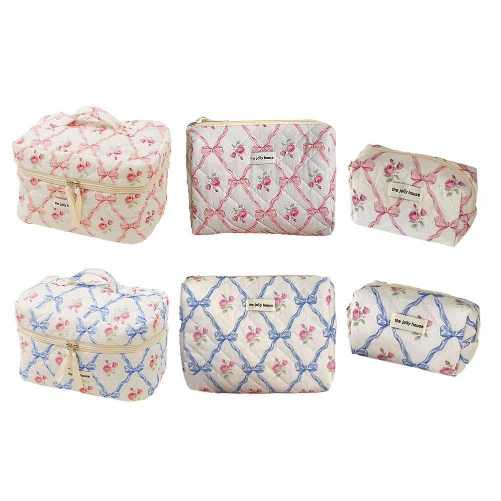 Cute Bow Flower Cloth Handbag Quilting Cotton Makeup Bag Women Zipper Cosmetic Organizer Portable Toiletry Case for Girls