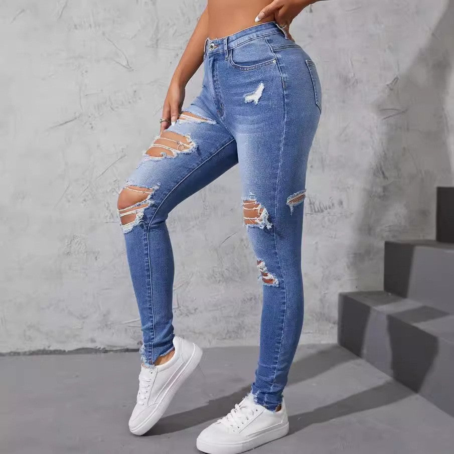 Washed Ripped Skinny Jeans Women's Spring and Fall New Fashion Street High-waisted Jeans Casual Small Leg Pants Pencil Pants