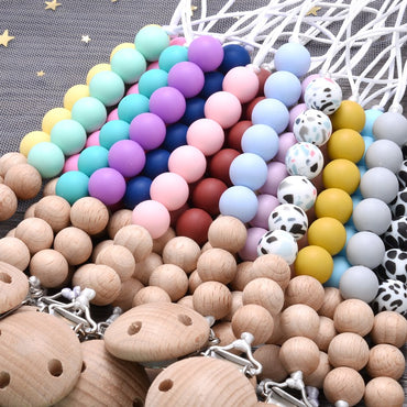 Baby Wooden Pacifier Clip Silicone Teether Round Beads Dummy Holder Chain For Baby Teething Nursing Chewing Toys Shower Gifts