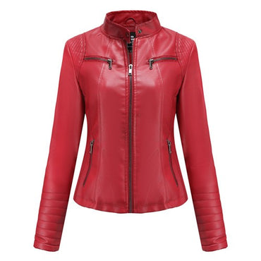 Women's Slim Leather Jacket, Stand-up Collar, Zipper Stitching, Monochromatic Coat, Fashion Clothing, New