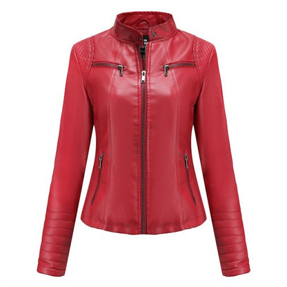 Women's Slim Leather Jacket, Stand-up Collar, Zipper Stitching, Monochromatic Coat, Fashion Clothing, New