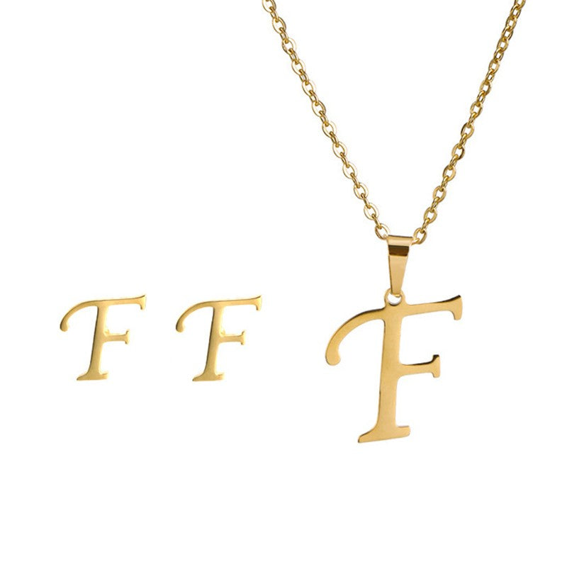 Conjunto Feminino de Colar e Brincos de Aço Inoxidável com Letra Inicial do Alfabeto A-Z - Joias Personalizadas de 26 Letras Inglesas - Presente