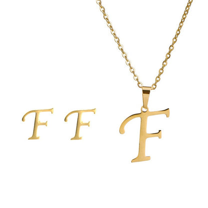 Conjunto Feminino de Colar e Brincos de Aço Inoxidável com Letra Inicial do Alfabeto A-Z - Joias Personalizadas de 26 Letras Inglesas - Presente
