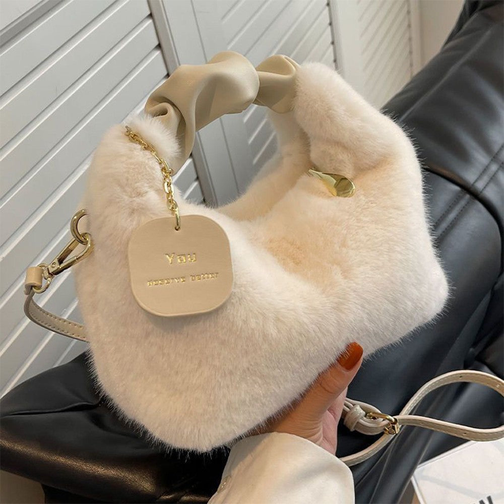 Fashionable Cute Plush Shoulder Bag for Women's Solid Color Soft Fluffy  Handbag Autumn Winter Soft Plush Crossbody Bag