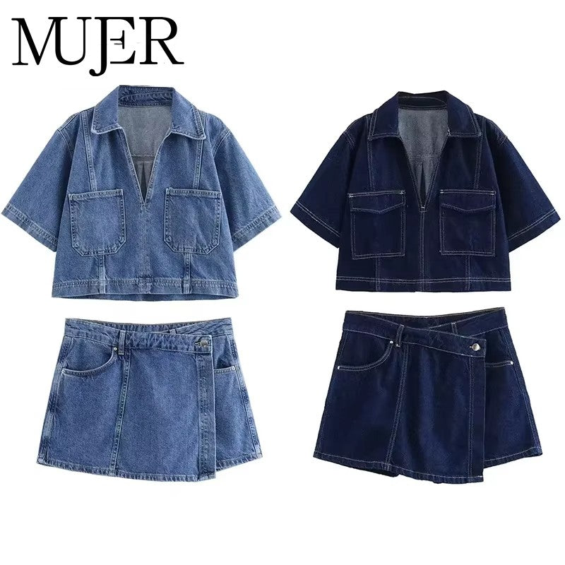 MUJER 2025 Women's Shirt Set Blue Denim Shirts for Women Summer Cropped Shirts and Blouses Woman Holiday Casual Shirts Women Top