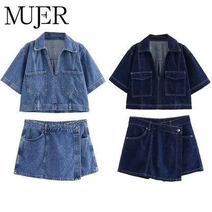 MUJER 2025 Women's Shirt Set Blue Denim Shirts for Women Summer Cropped Shirts and Blouses Woman Holiday Casual Shirts Women Top