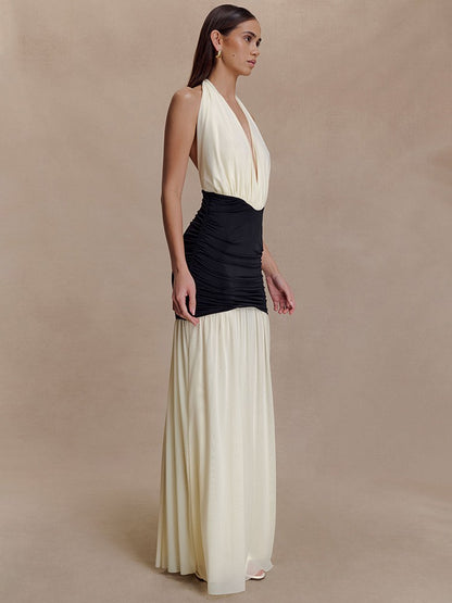 Mozision Patchwork Halter Backless Sexy Maxi Dress Women Gown Elegant Deep V Neck Sleeveless High Waist Bodycon Club Party Dress