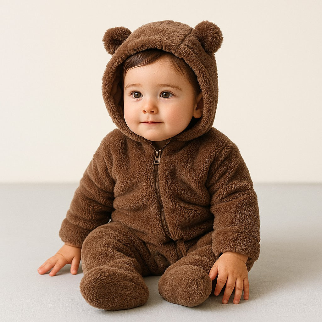 0-24M Baby Rompers Infant Clothes Winter Newborn Baby Boy Girl Zipper Bodysuit Bear Fleece Hooded Pyjamas
