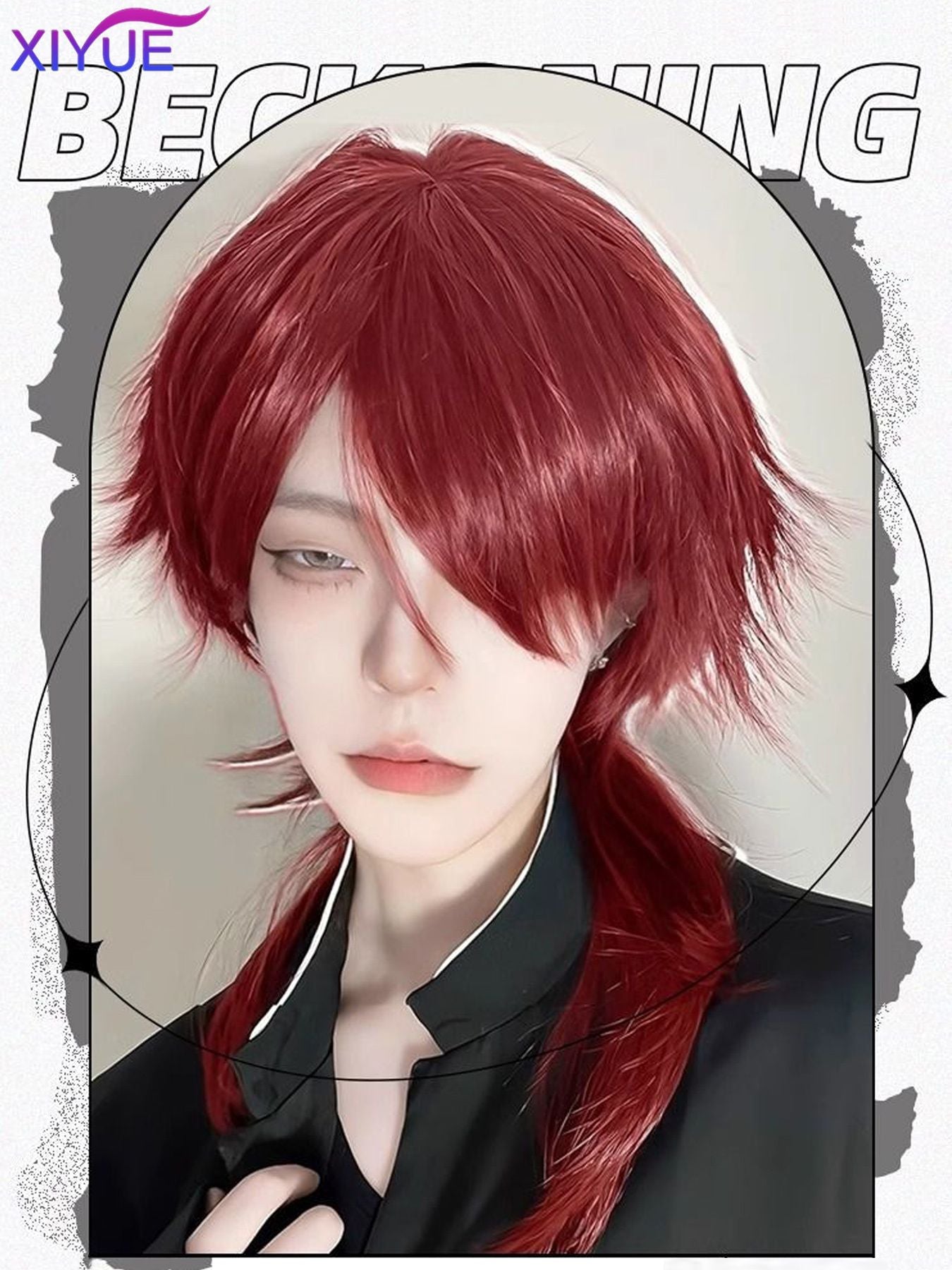 Wolf tailed Mullet Wig Mullet Head Wigs with Bangs Synthetic Straight Anime Men red Hair Wig for Daily Party Cosplay