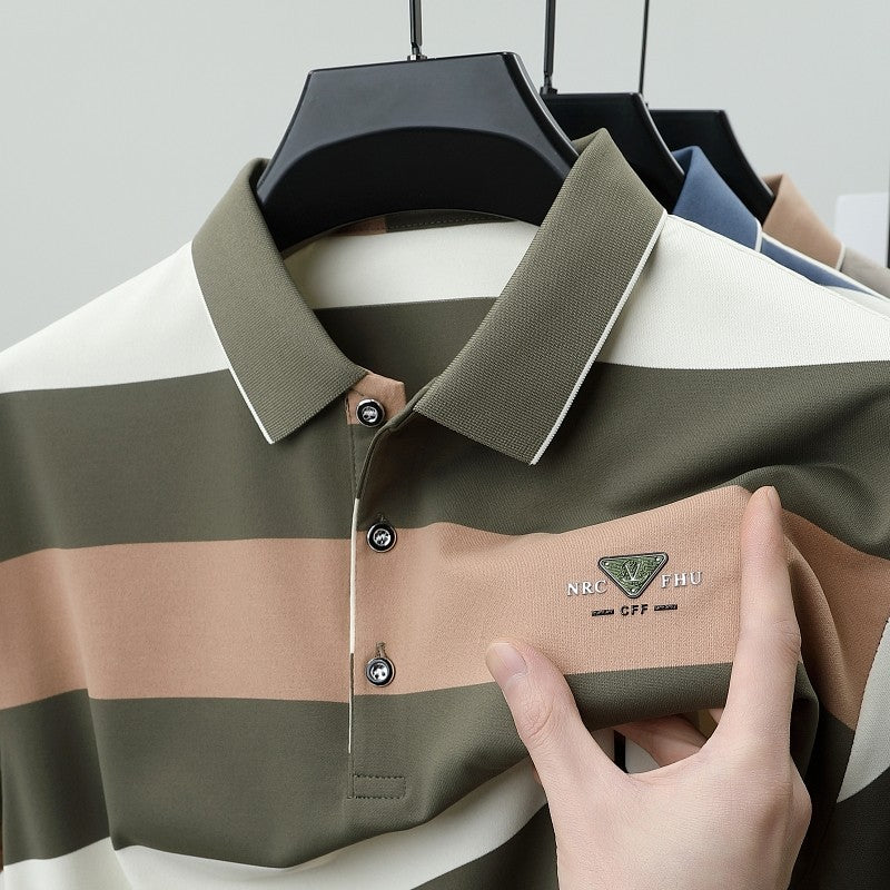 luxury wide stripe color blocked short sleeve polo shirt high-end brand letter embossed T-shirt fashion breathable men's wear