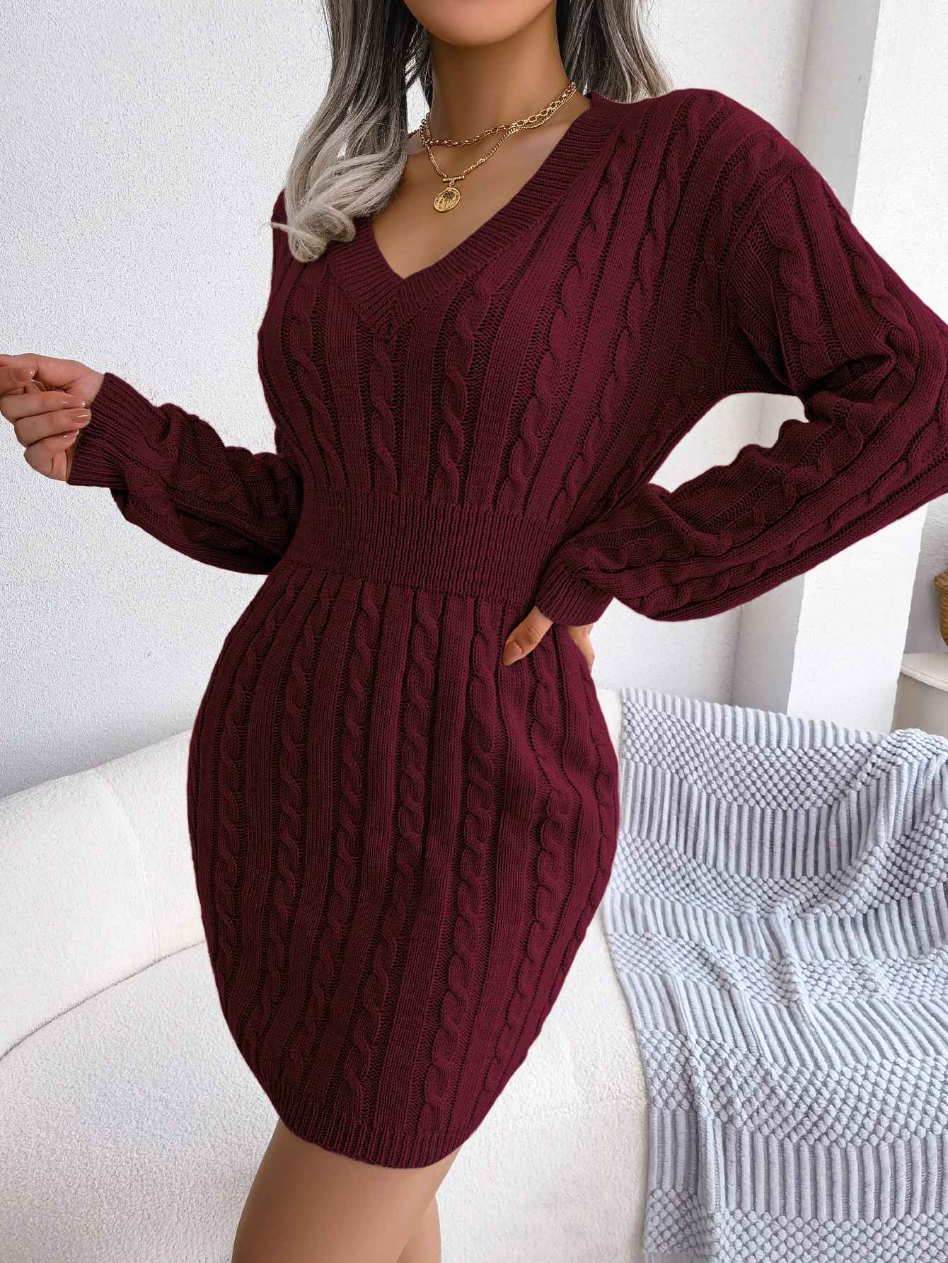 VigoCasey 2025 V Neck Casual Short Knit Dress Autumn Winter Women Solid Long Sleeve Dress Lady Khaki Bodycon Knitted Dresses