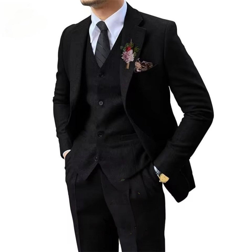 Men's Wedding Tuxedo in Brown Tweed 3-Piece Fishbone Smoking Suit with Notched Lapel Business Tweed Aesthetic Tailored Fit