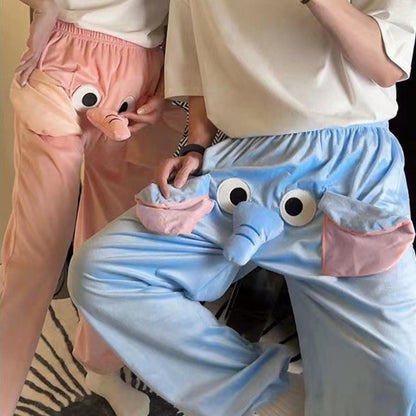 Women Men Pajama Bottoms Cartoon Elephant Pattern Pajama Pants Wide Leg Design Elastic Waistband Lounge Pants
