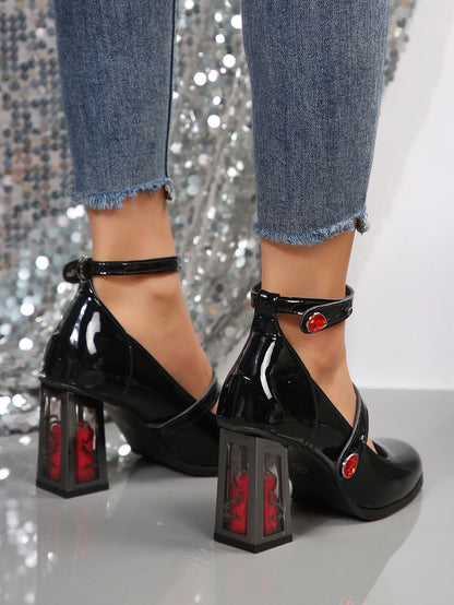 2025 Womens Plus-Size Mary Jane Shoes French Retro Chunky Heel Pumps Rose Square Heel Comfort Cushion for Casual Elegant Styling