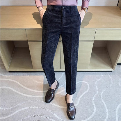 Novas calças de terno de veludo cotelê masculinas para outono e inverno moda masculina negócios sociais casamento baile festa vestido calça slim fit