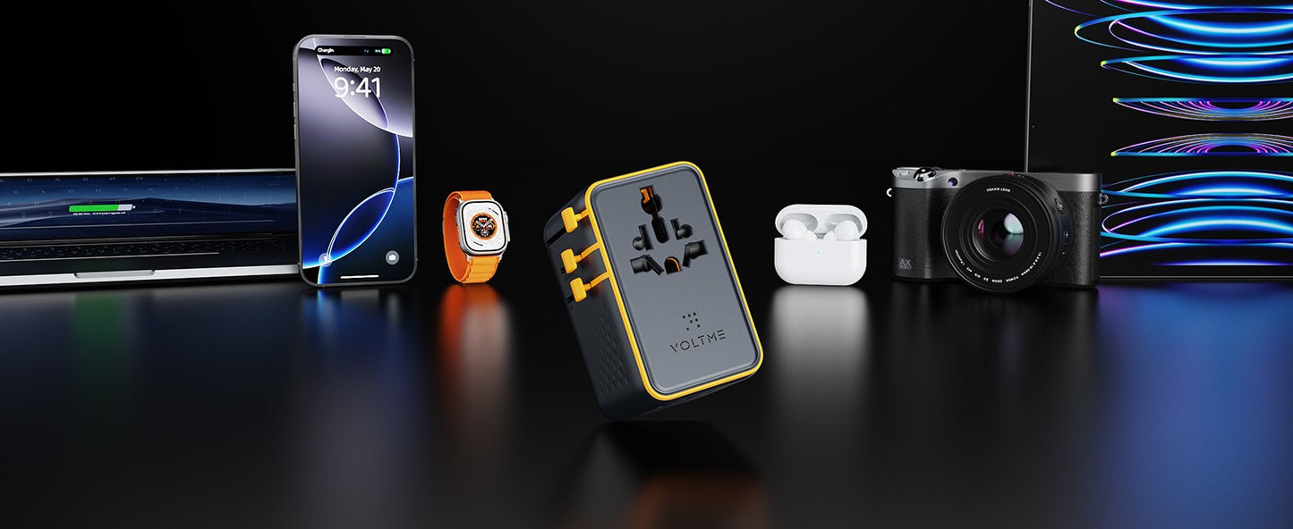 Adaptador de Viagem Universal VOLTME PD 100W USB C Duplo + USB-A com Tomada AC Carregador de Celular Carregador PD para iPhone 16 15 Xiaomi