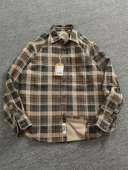 2024 Spring and Autumn New American Retro Woven Plaid Cargo Shirt Men's Simple 100% Cotton Washed Single Pocket Thin Jacket