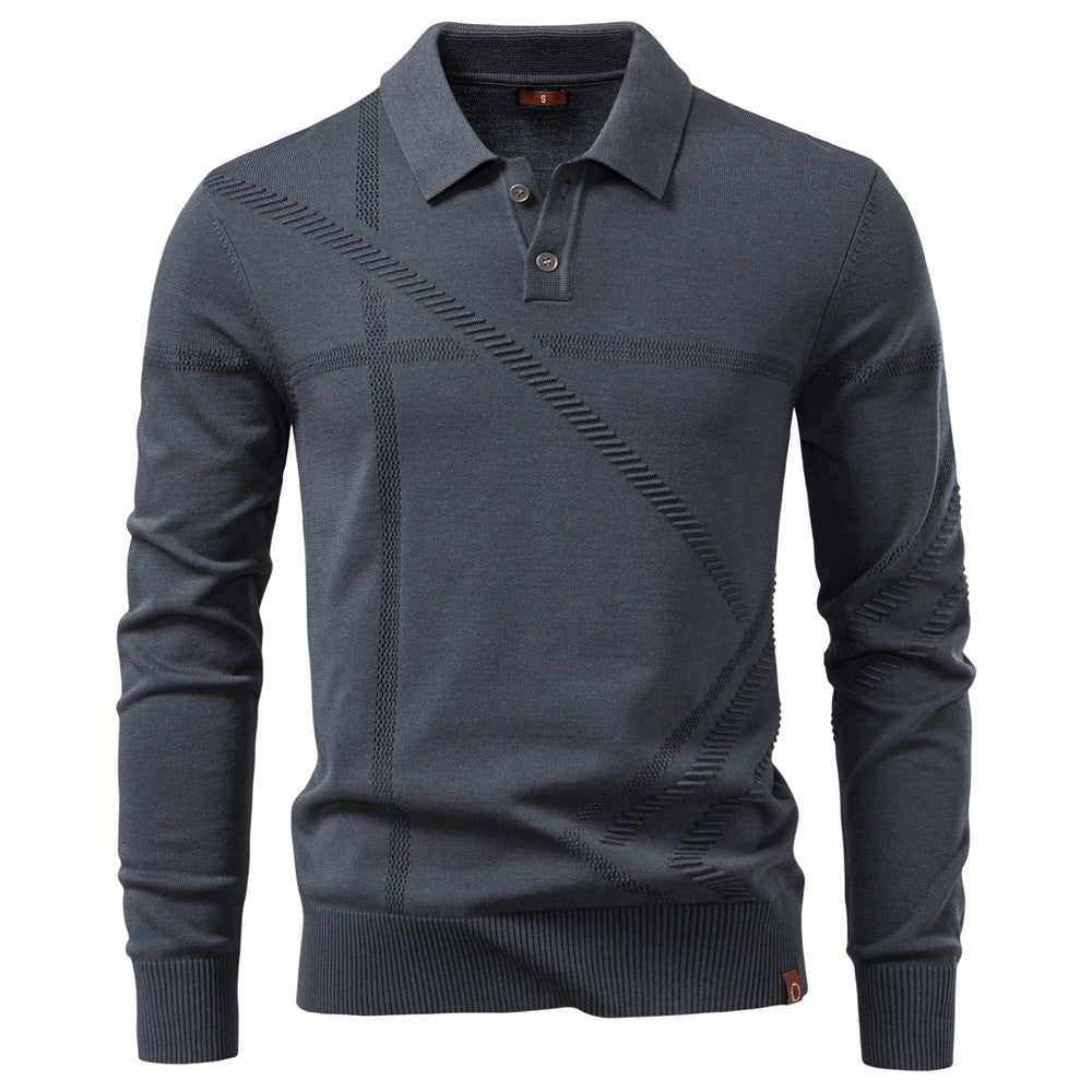 New Autumn Winter Thermal Comfort Mens Polo Shirt For Solid Stripe Long Sleeve Slim Fit Warm Social Casual Sweater for Men