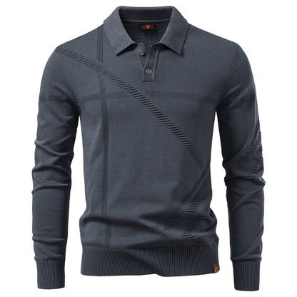 New Autumn Winter Thermal Comfort Mens Polo Shirt For Solid Stripe Long Sleeve Slim Fit Warm Social Casual Sweater for Men