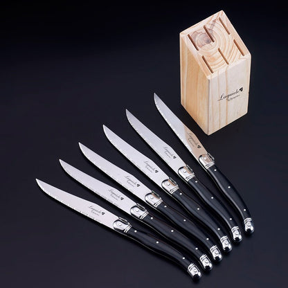 Conjunto de Facas de Churrasco Laguiole em Aço Inoxidável 6/7 Peças, Facas de Churrasco com Suporte de Madeira, Faca de Jantar de Aço, Conjunto de Talheres Coloridos de Natal