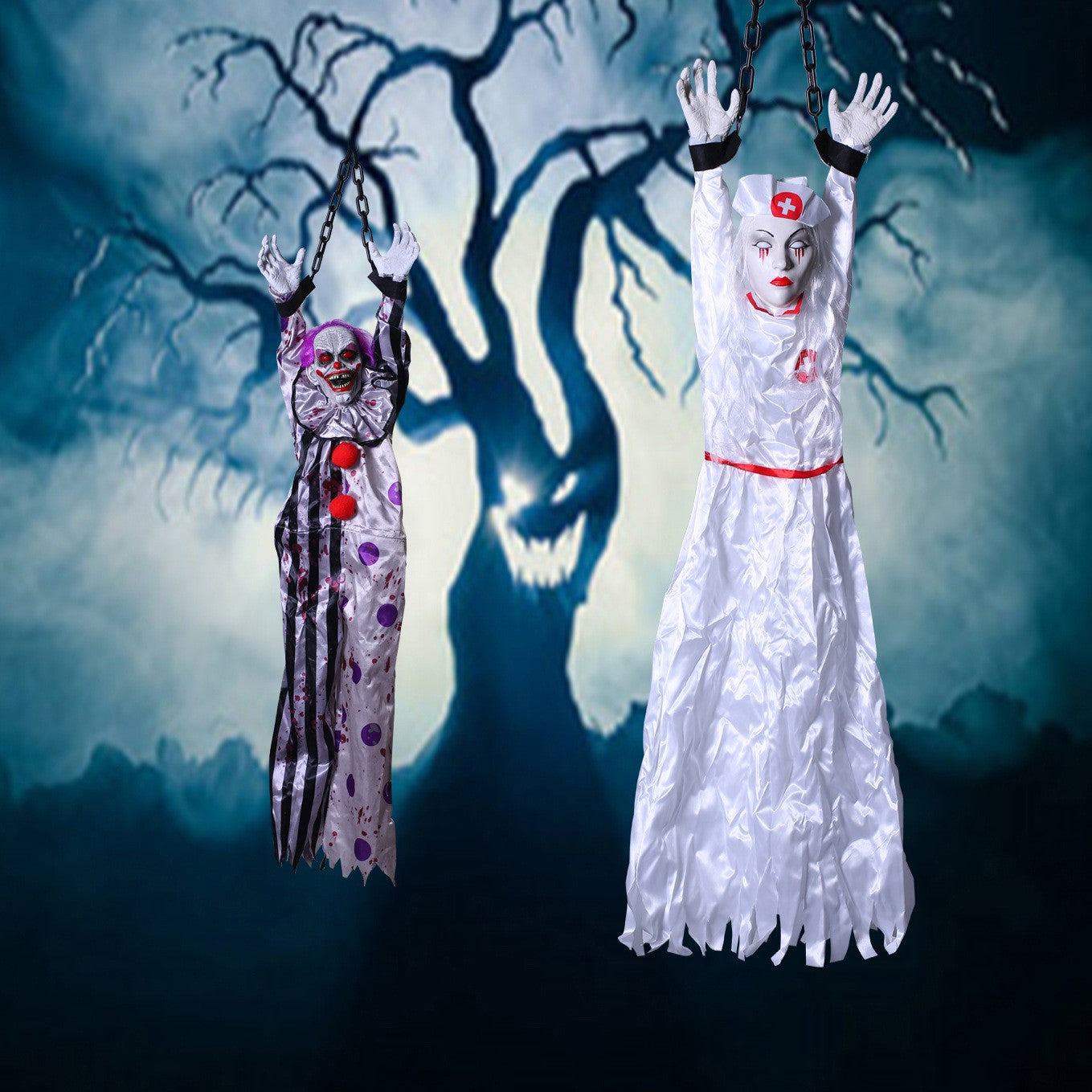 Decoração de Halloween Animatronics Palhaço Enfermeira Pendurado Controle por Voz Elétrico Exterior Assustador Liquidação Horror Adereços Casa Assombrada