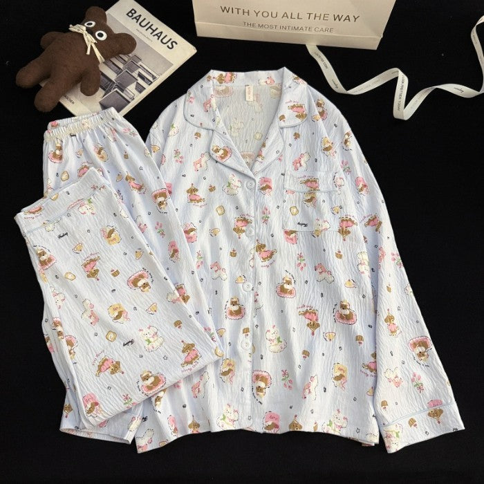 Harajuku Style Kawaii Sweet Loungewear 2 PC Set Line Star Dog Print Cute Casual Women's Pajamas Autumn Long New Fashion Homewear