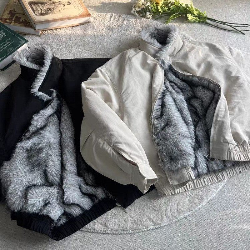 2025 Winter New Fashion Mountain Carving Imitation Wolf Fur Coat Men and Women Y2K Harajuku Hip-hop Pop Bomber Jacket Cleanfit