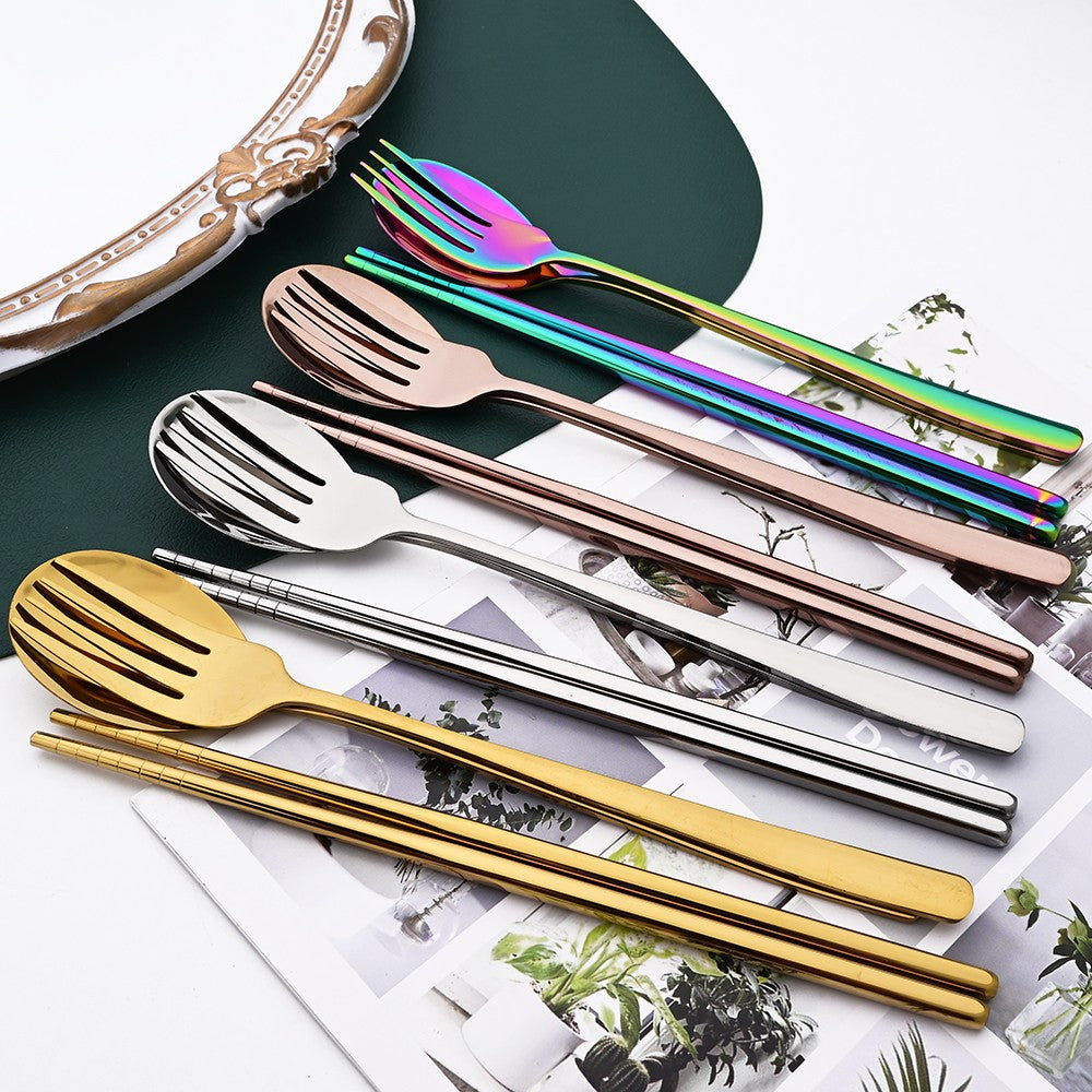 Drmfiy Western 6Set Black Dinnerware 304 Stainless Steel Tableware Long Handle Spoons Chopsticks Metal Korean Silverware Set