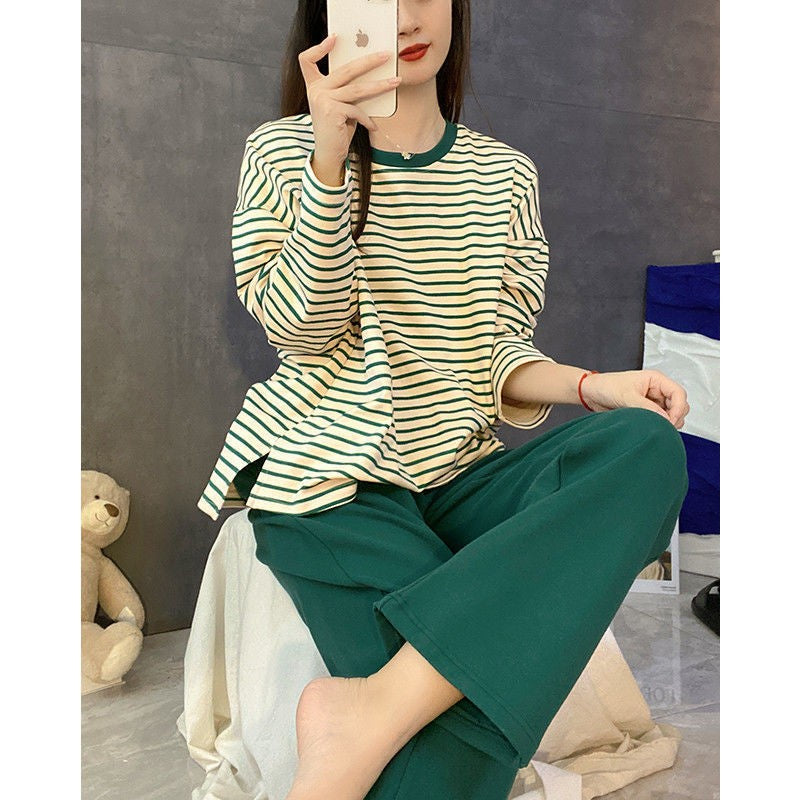 Women's Fall Pajamas with Chest Pads Striped Long Sleeve Plus Size O-Neck Simple Casual Fashion Korean School Pajamas Homewear
