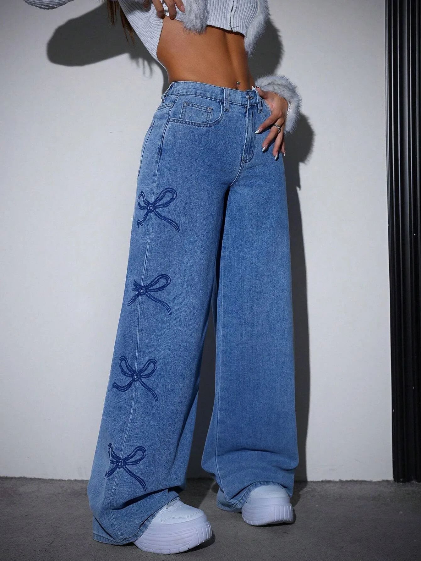 Denim Pants Women Bow Print Jeans High Waist Washed Distressed Straight Trousers Vintage Floor Length Streetwear Wide Leg Pants