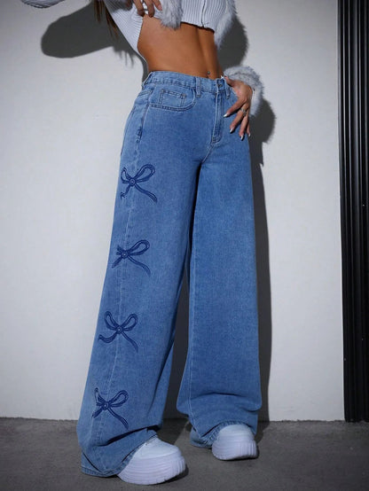 Denim Pants Women Bow Print Jeans High Waist Washed Distressed Straight Trousers Vintage Floor Length Streetwear Wide Leg Pants