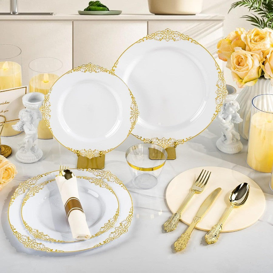 700PCS Gold Plastic Plates for 100 Guests Disposable Dinnerware Sets Include 200 Gold Rim Plastic Plates 100 Silverwares 100 Cu
